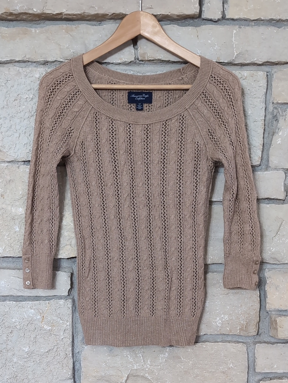 AEO Taupe Open-Knit Scoop Neck Sweater